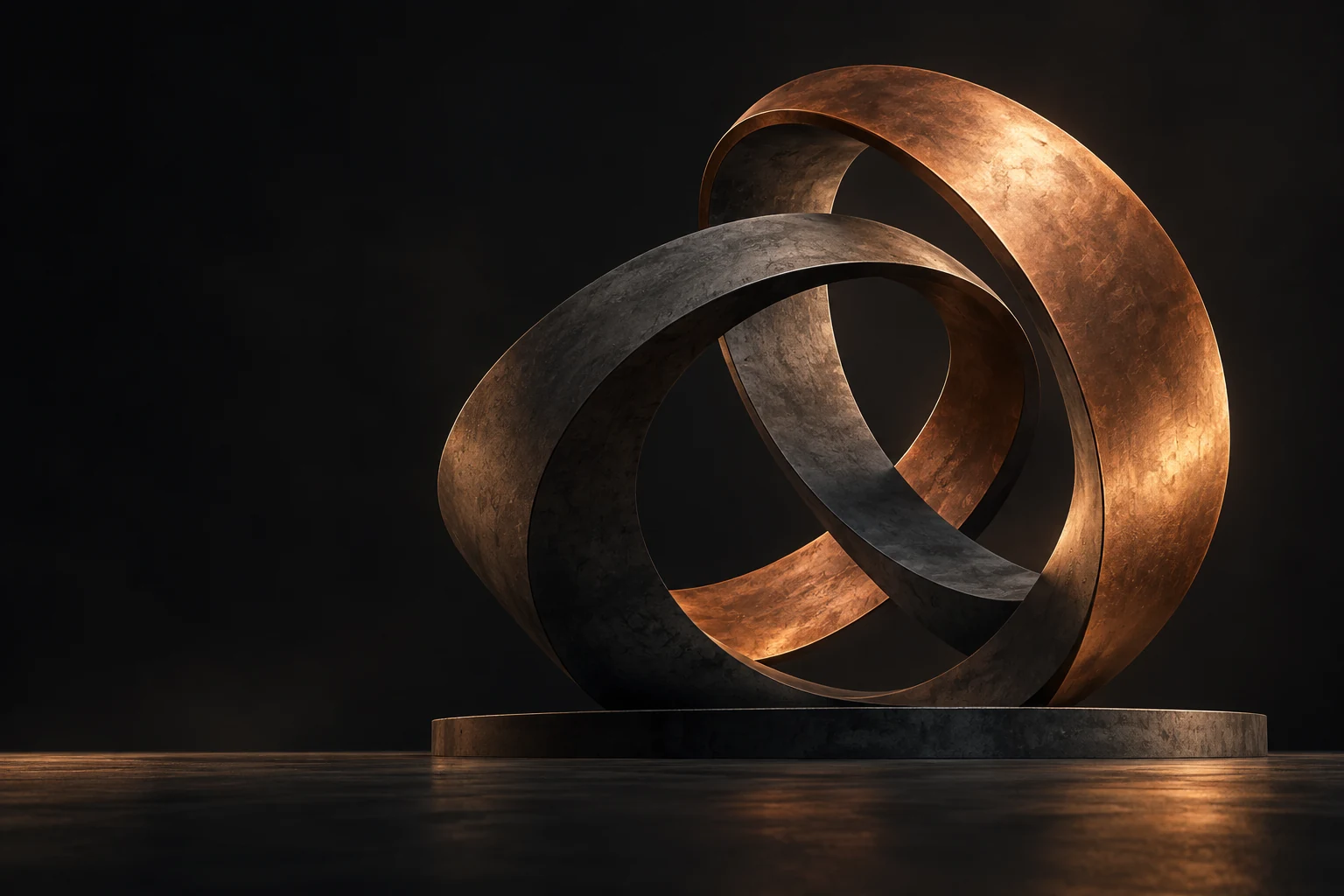 Due forme scultoree intrecciate in rame e grafite, illustrazione concettuale